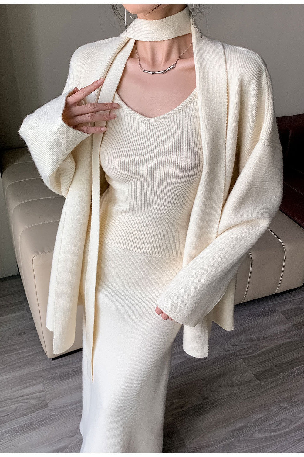 Ribbed High-End Knit Cardigan Tank Wide-Leg Pants Three Piece Set image 5