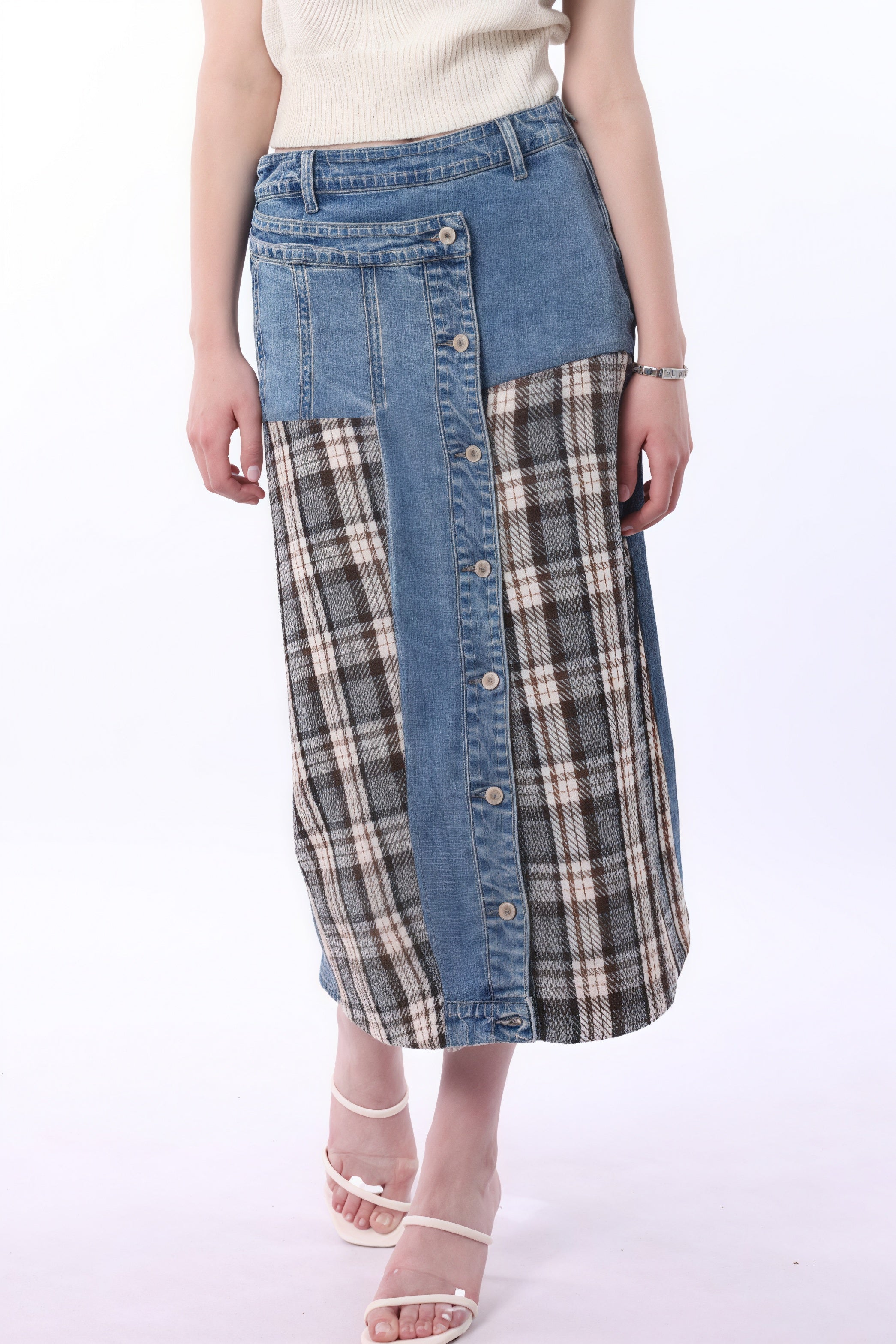 High Waist Denim Plaid Splice Skirt image 2