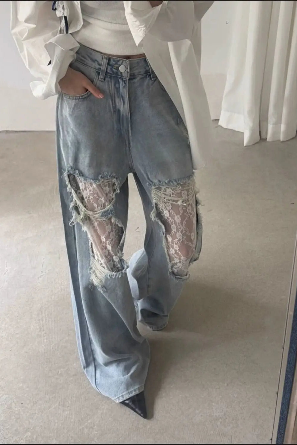 Lace Patchwork Ripped Loose Jeans image 12