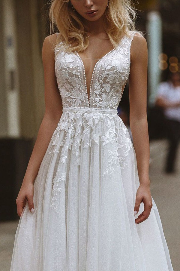Minimal Deep V Backless Lace Wedding Dress image 4