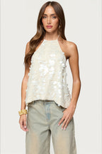 Ruffle Sequin Tie Backless Halter Top image 1