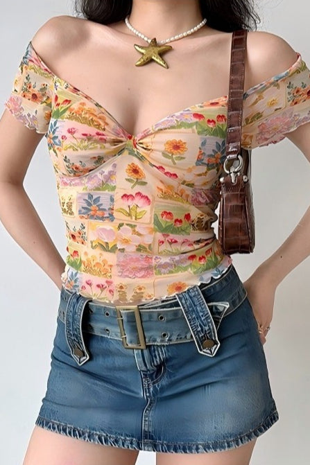 Floral Mesh Slim V Neck Tube Blouse image 4