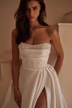Strapless Beaded High Slit Satin Train Wedding Dress image 4