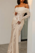 Chic Lace Trim Off Shoulder Long Sleeve Wrap Maxi Dress image 3