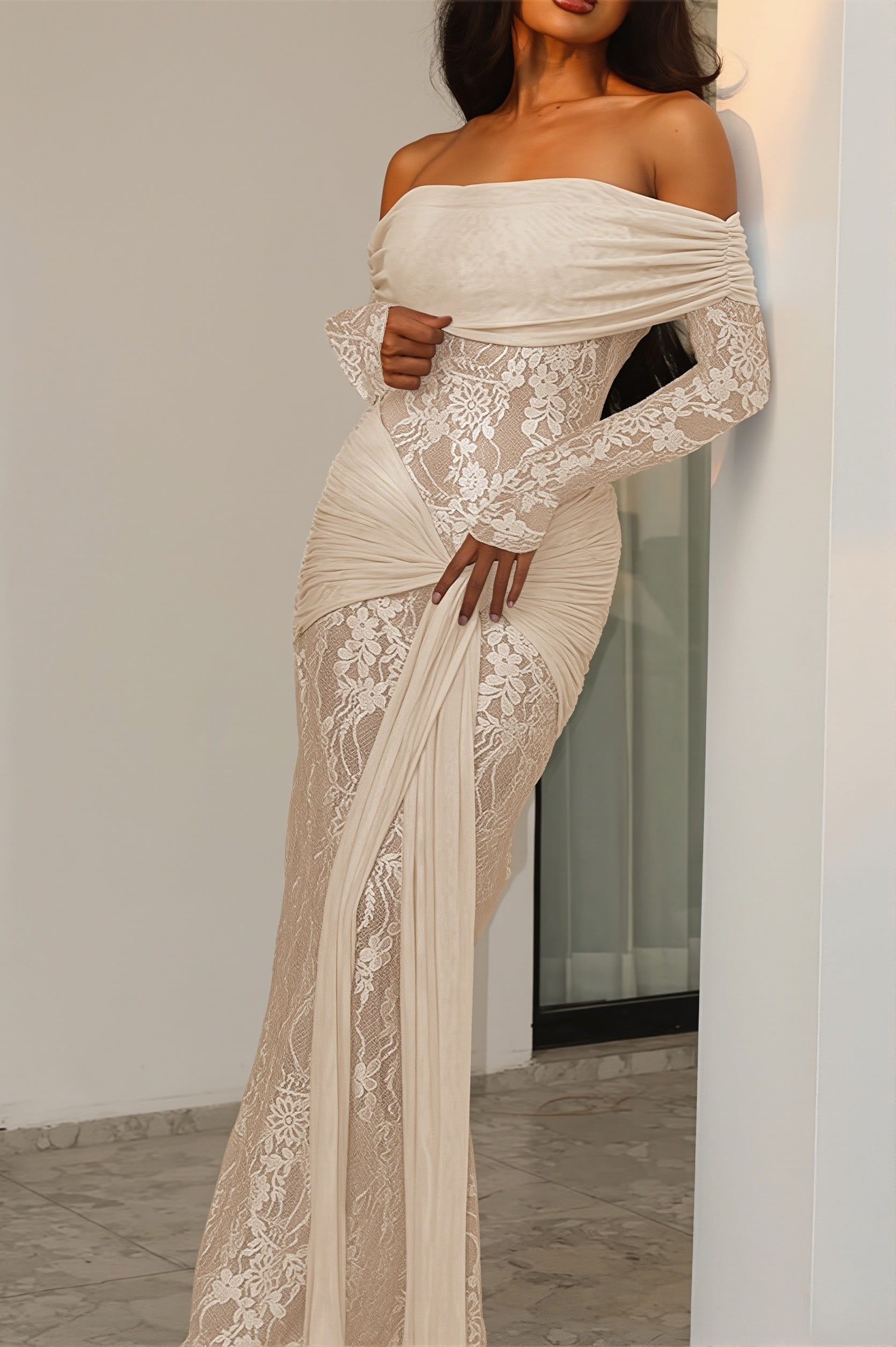 Chic Lace Trim Off Shoulder Long Sleeve Wrap Maxi Dress image 3