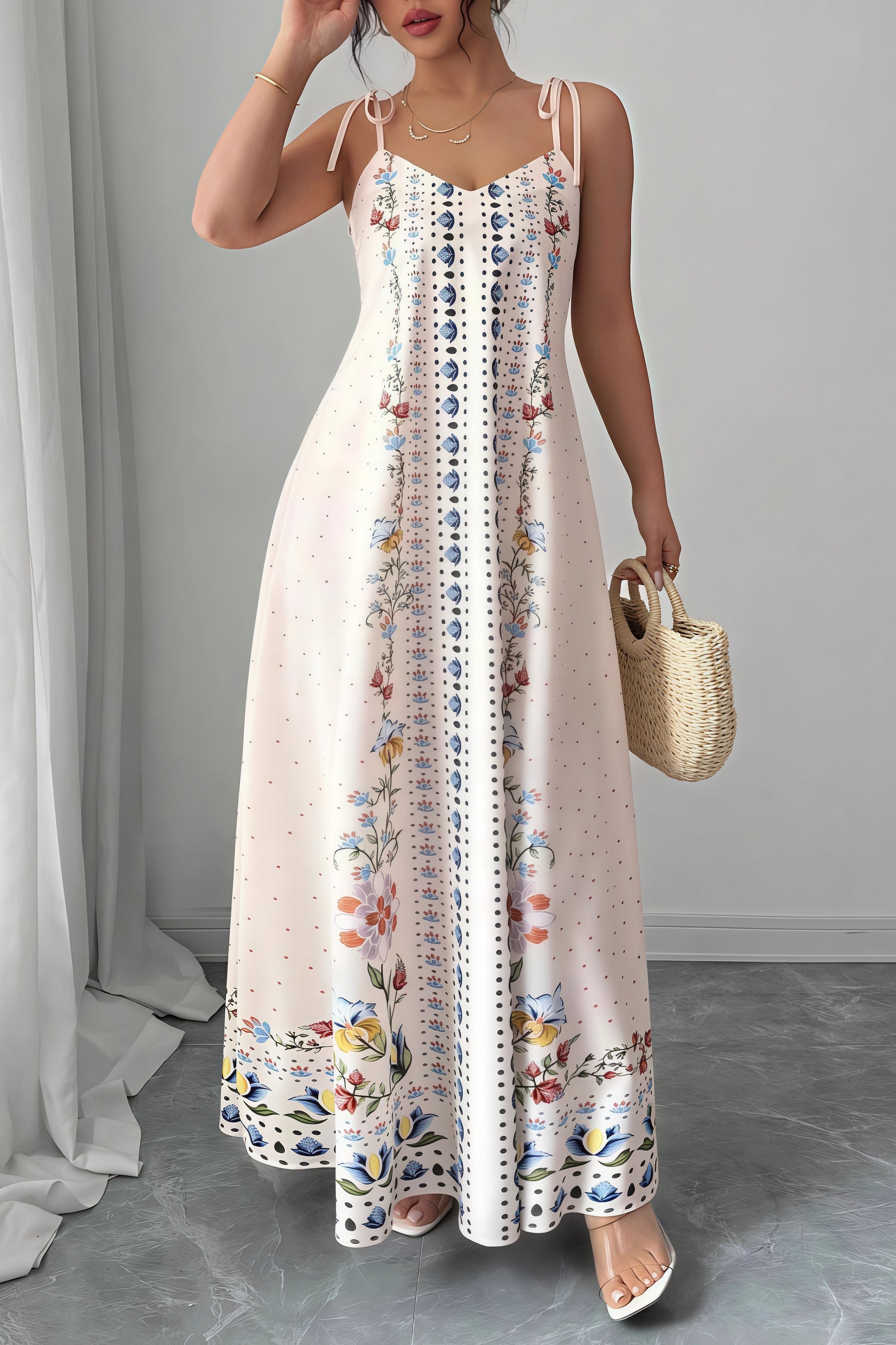 Elegant Floral Print Unique Spaghetti Strap Sleeveless Maxi Dress image 1