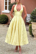 Halter V Neck Jacquard Backless Midi Dress image 1