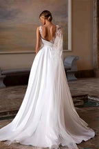 Simple Asymmetrical Shoulder Mesh Applique Train Wedding Dress image 3