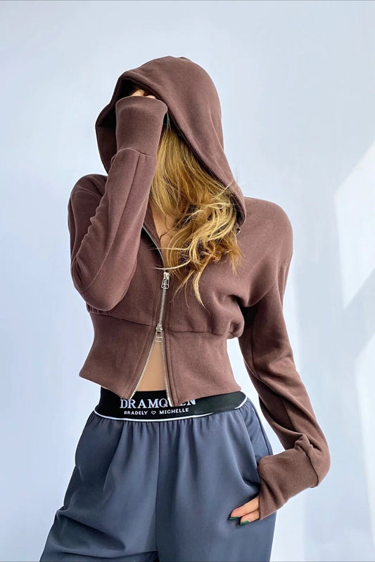 Solid Dual Zipper Slim Cropped Hoodie image 1