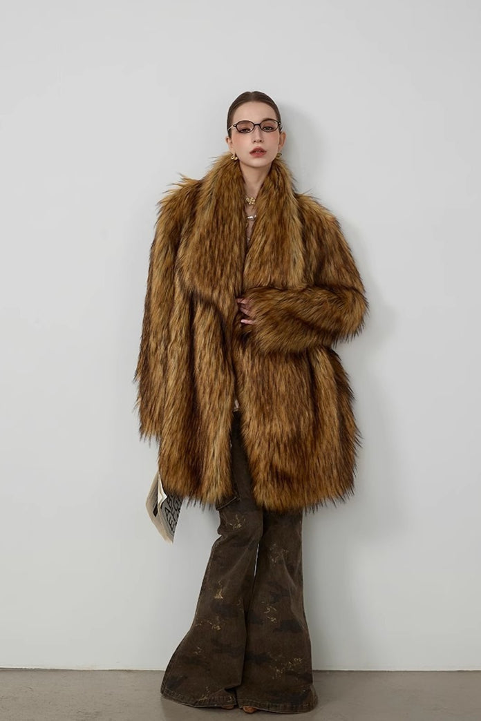 Plush Faux Animal Fur Loose Warm Mid-Length Notch Collar Coat image 2