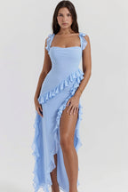 Ribbon Ruffle Splice Slit Maxi Dress image 2