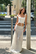 Elegant Lace Insert Square Neck Cami High Rise Skirt Sets image 4