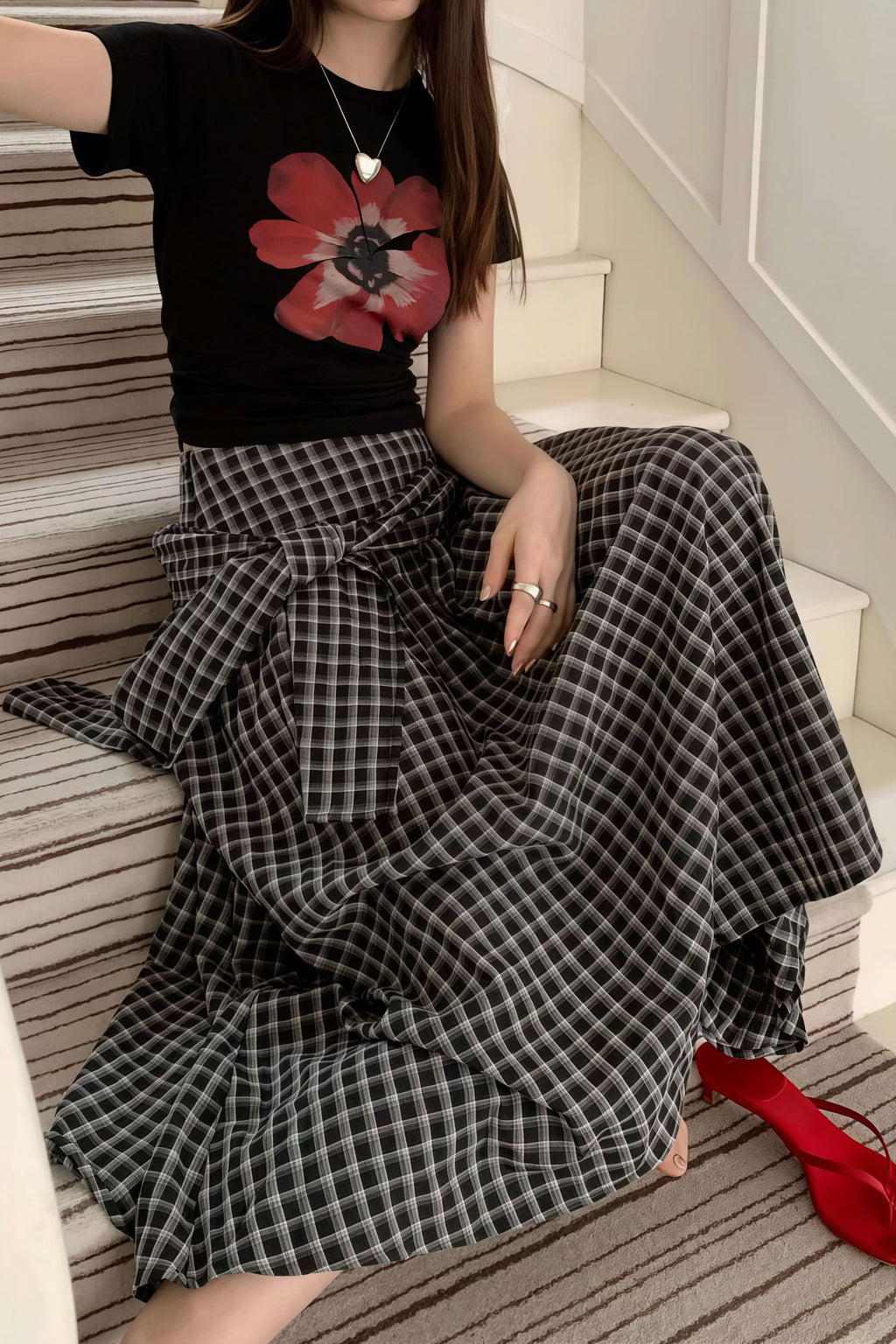 Color Block Plaid Tie Side Zip Loose Skirt image 8