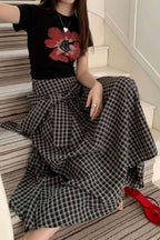 Color Block Plaid Tie Side Zip Loose Skirt image 8