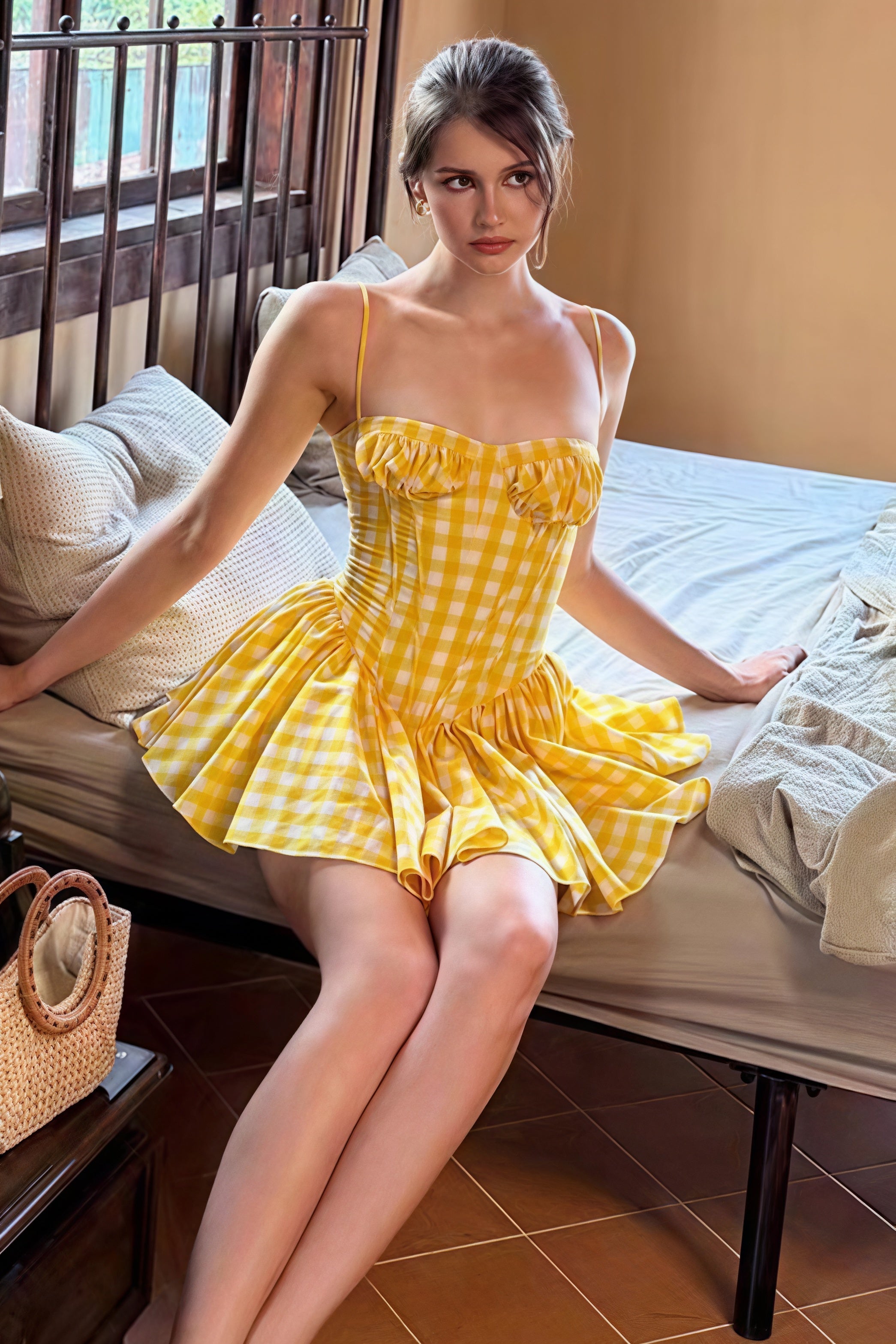 Plaid Bandeau Flared Waist Mini Dress image 3