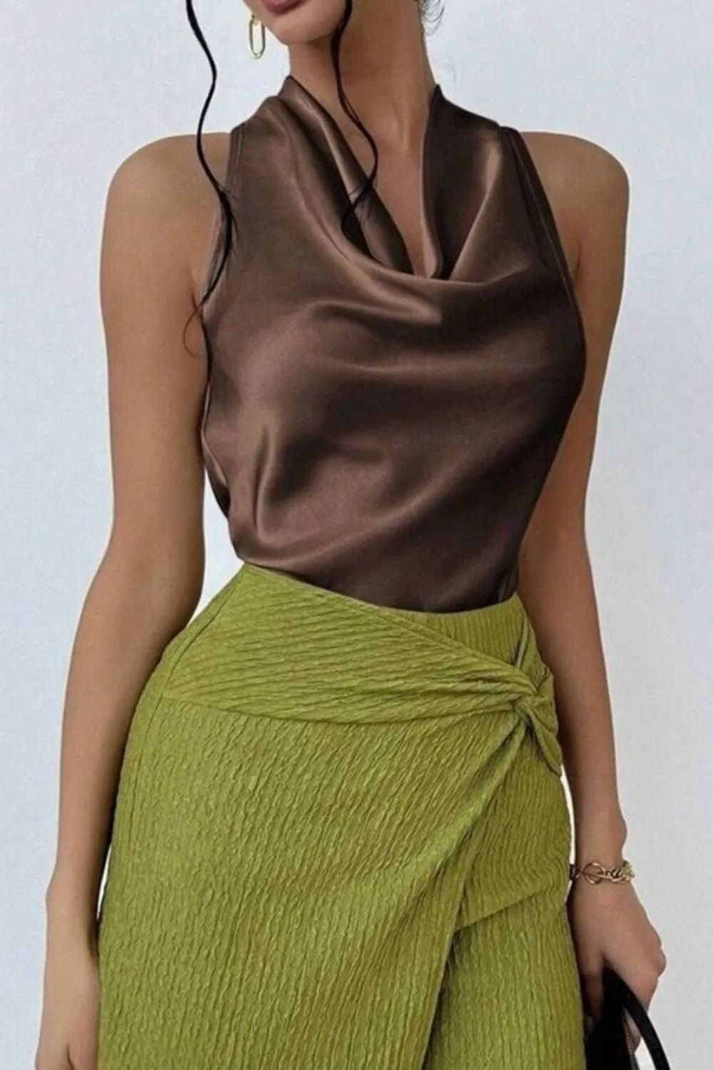 Cassia Satin Blouse detail view styled for Avrienne