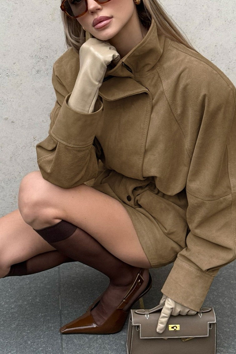 High Neck Cinched Waist Suede Jacket image 4