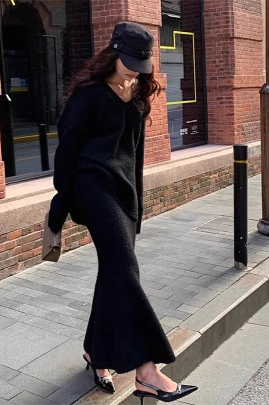 Lazy V-neck Knit Sweater Mermaid Skirt Two Piece Set image 9