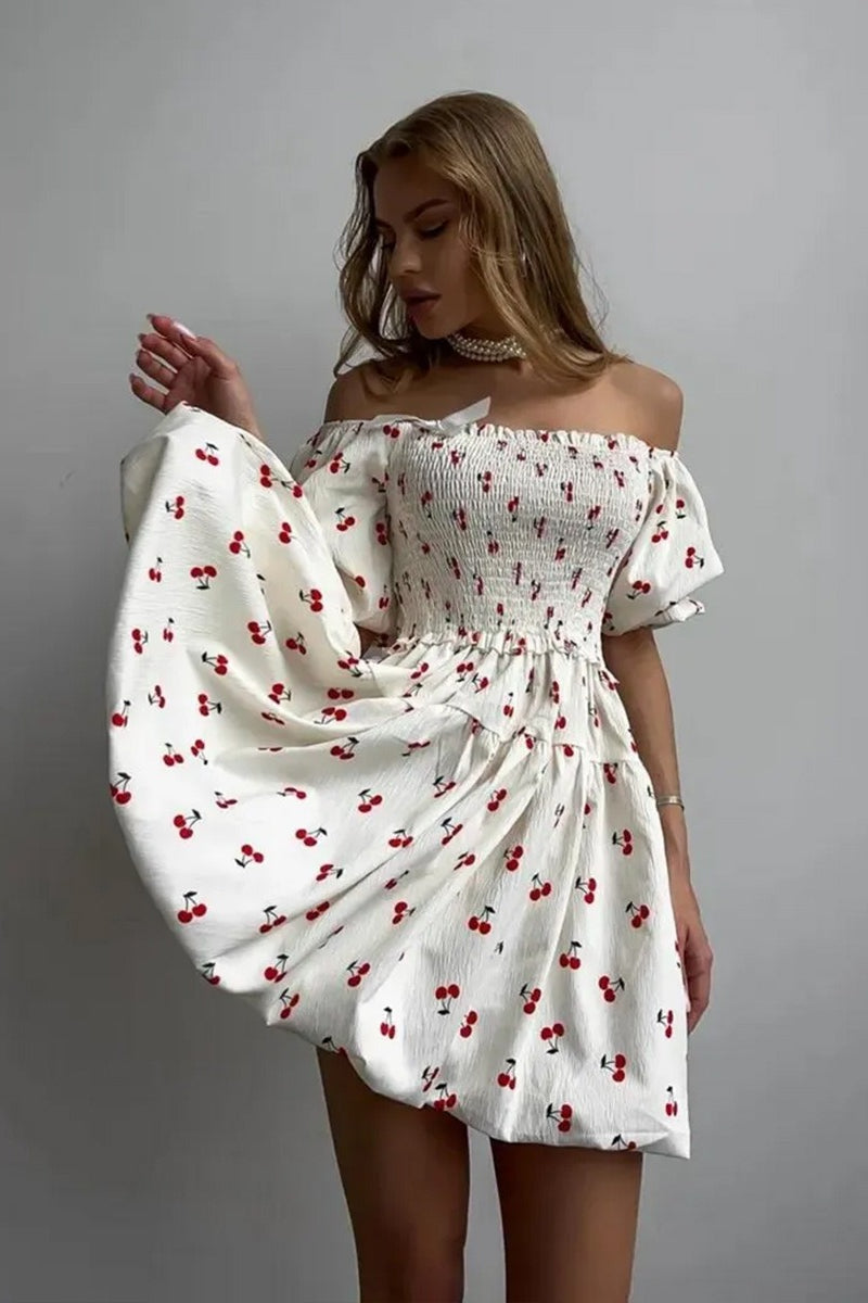 Printed Puff Sleeve Waist Slim Mini Dress image 1