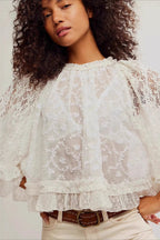 Lace Hollow Ruffle Sleeve Crop Blouse image 1
