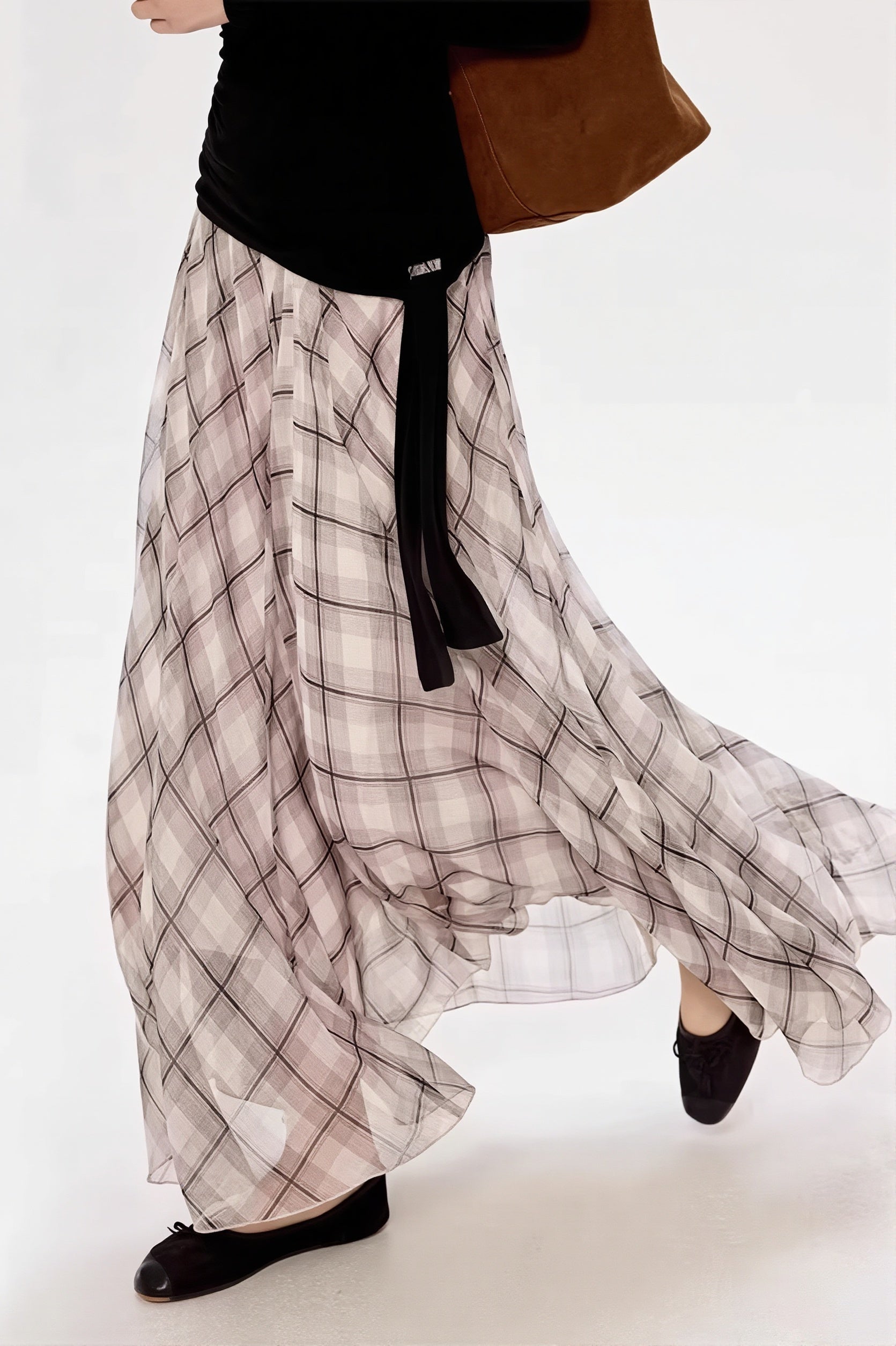 Gentle Style Draped Slim Plaid Maxi Skirt image 3