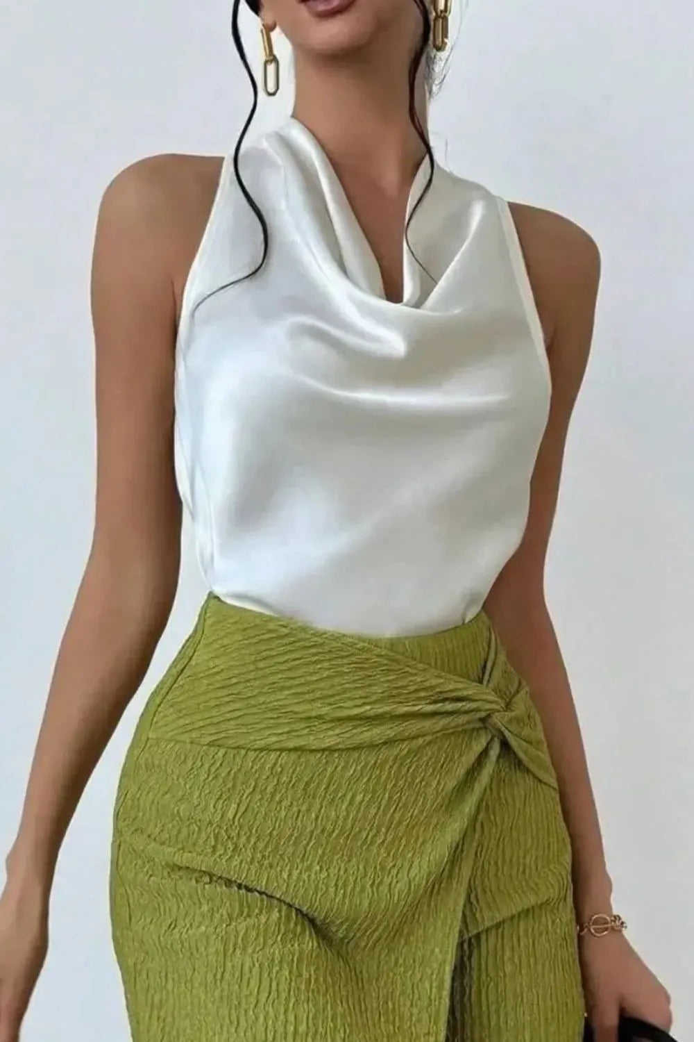 Cassia Satin Blouse styled for Avrienne