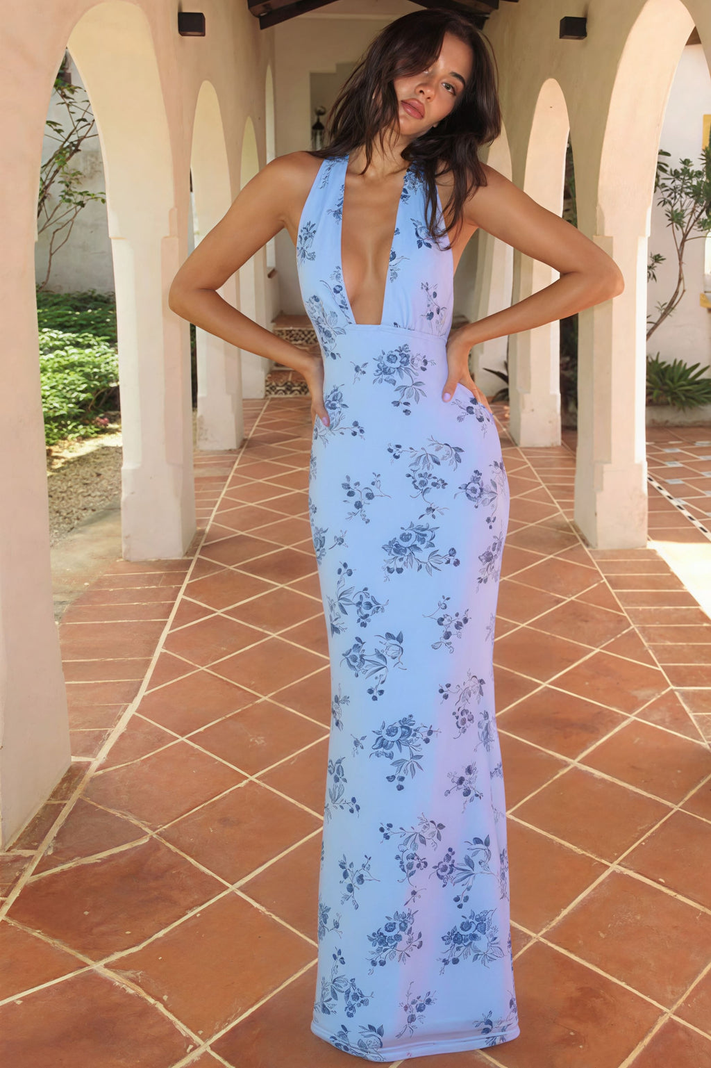 Floral Print Deep V Backless Tie Fitted Chic Maxi Dress image 5