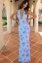 Floral Print Deep V Backless Tie Fitted Chic Maxi Dress image 5
