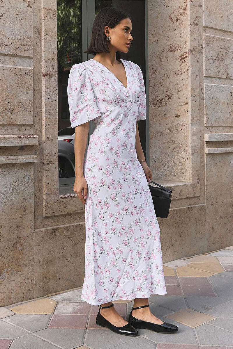 V Neck Fitted Shoulder High Waist Short Sleeve Floral Dress image 2
