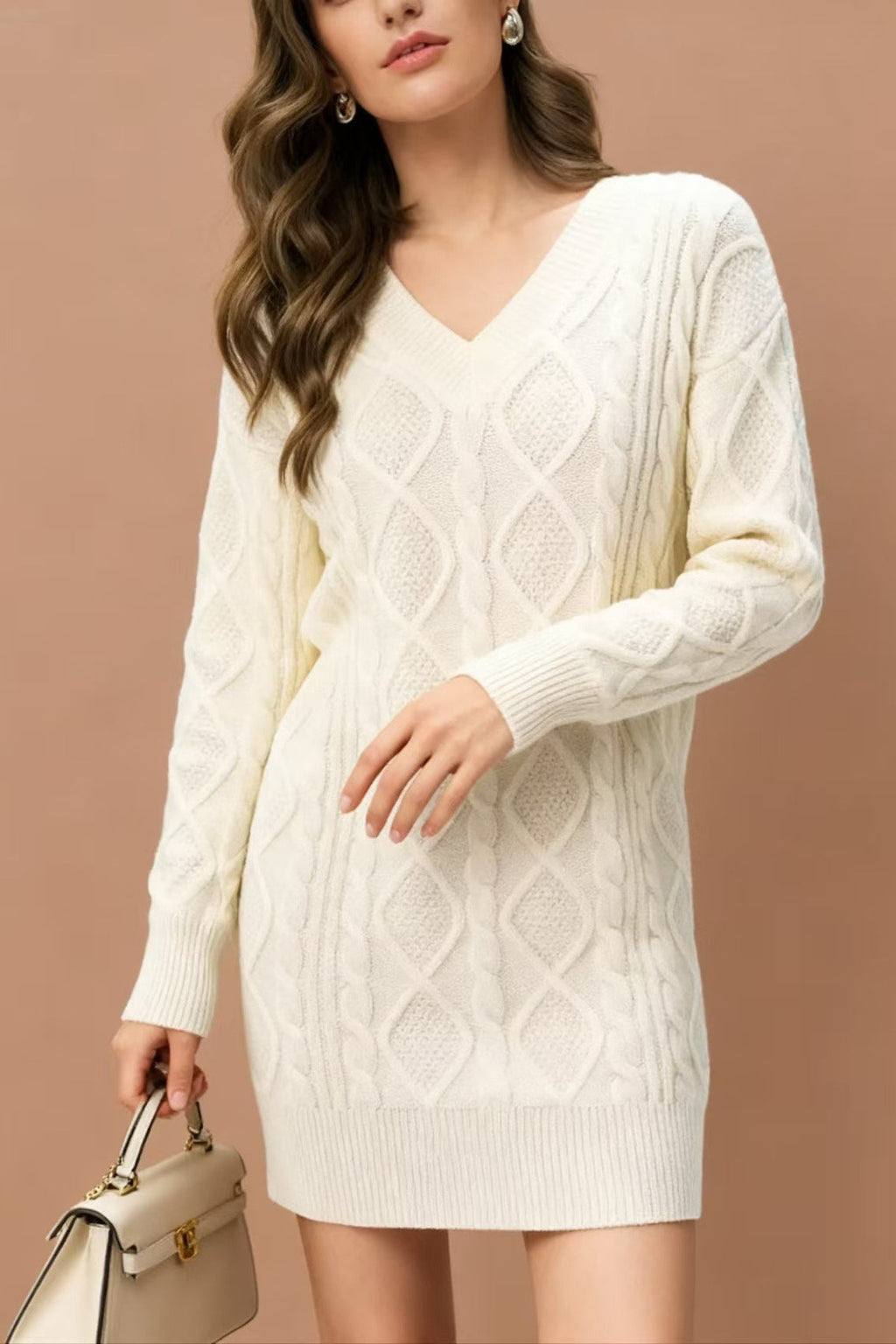 V-Neck Solid Cable-Knit Sweater Mini Dress image 6