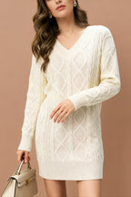 V-Neck Solid Cable-Knit Sweater Mini Dress image 6