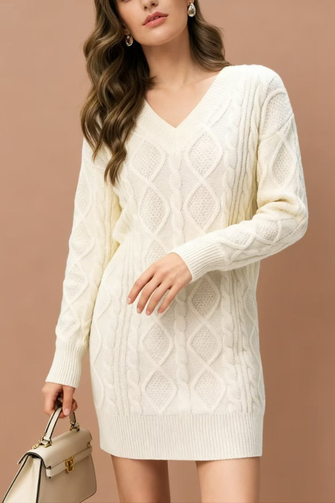 V-Neck Solid Cable-Knit Sweater Mini Dress image 6