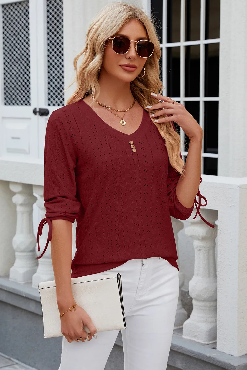 Petra Eyelet Top detail view styled for Avrienne