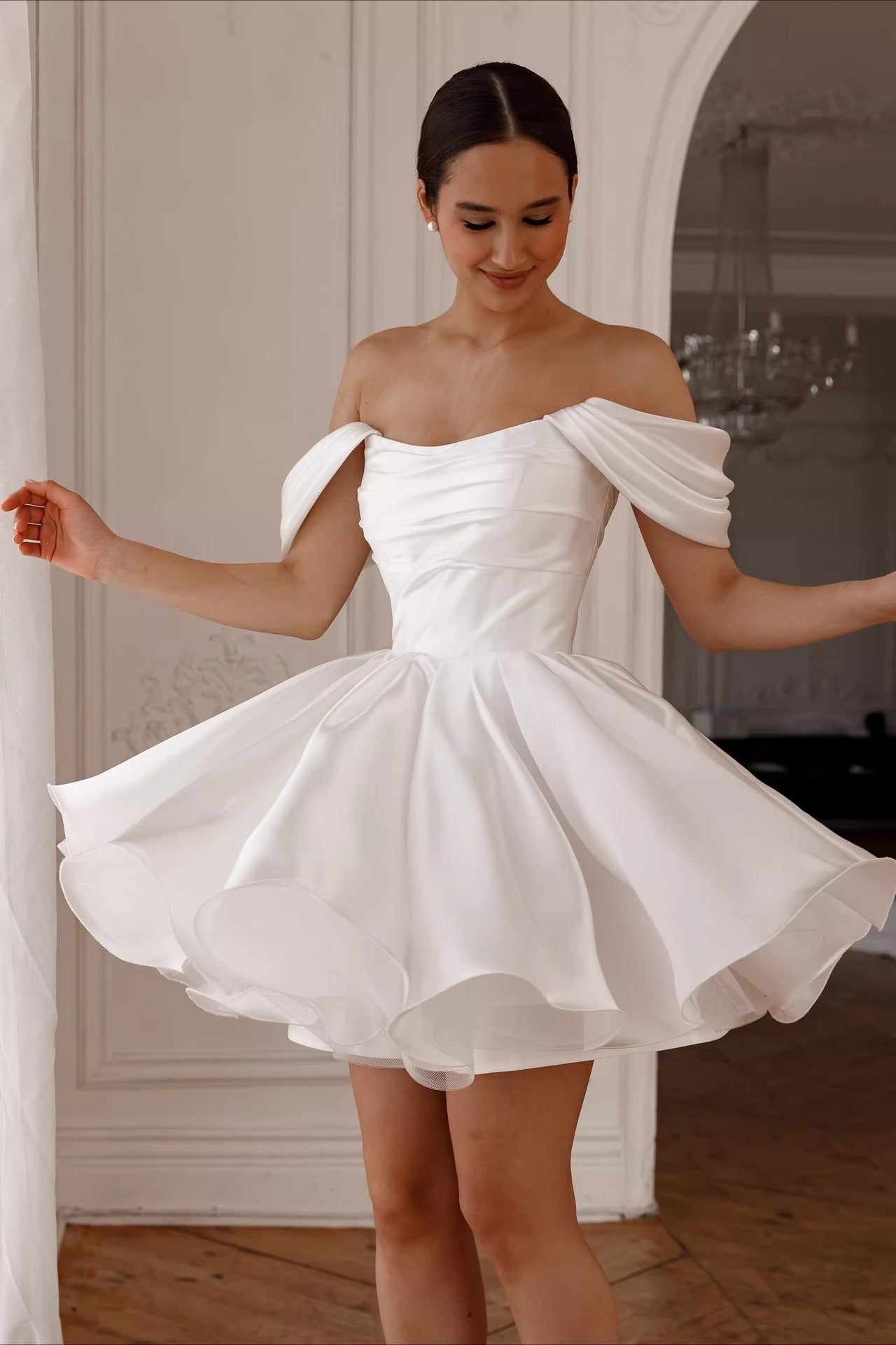 Minimalist Off Shoulder Tie Back Tulle Reception Dress image 1