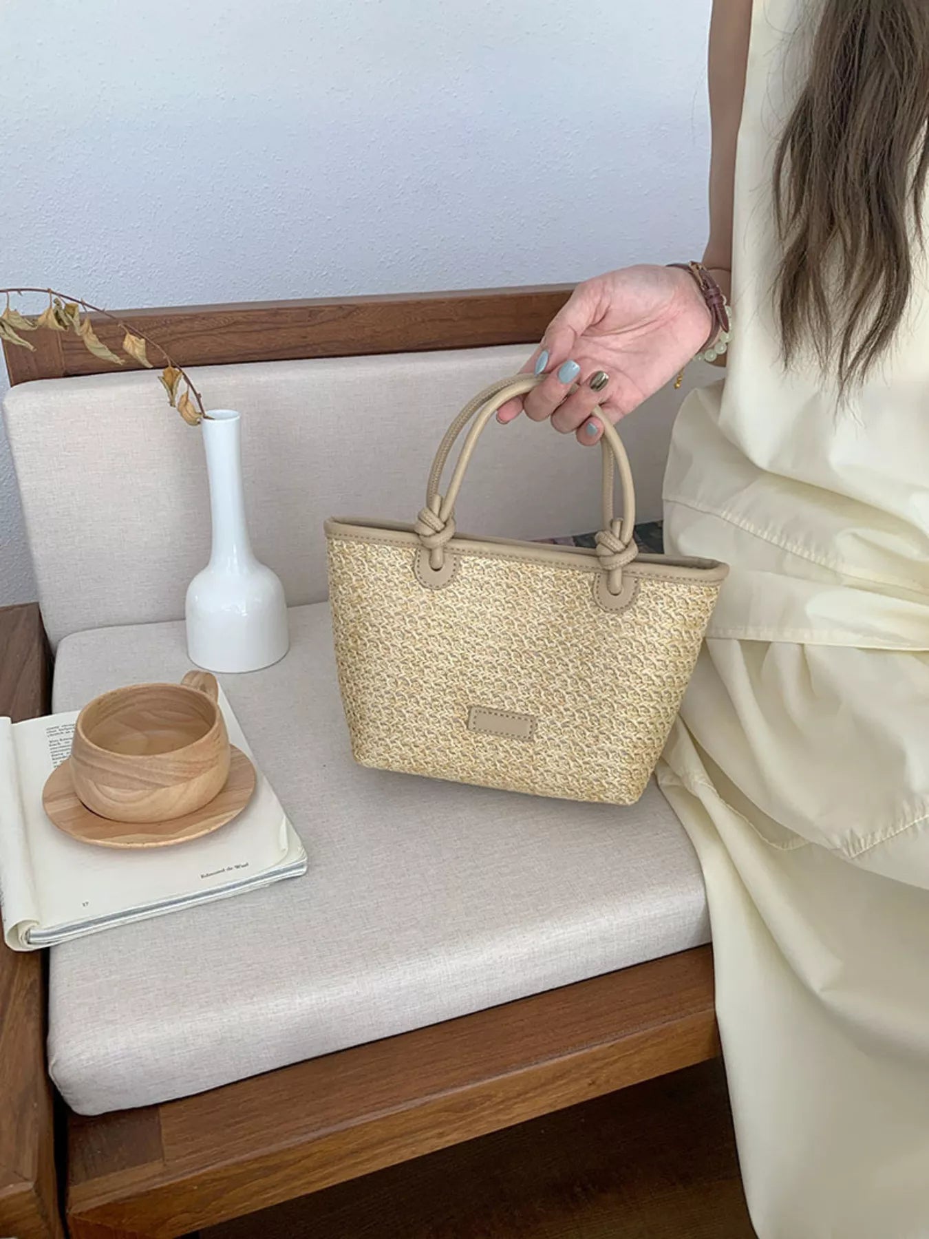 Lumi Straw Crossbody detail view styled for Avrienne