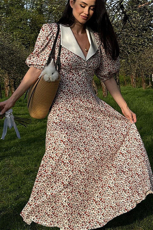 Puff Sleeve Digital Print Peter Pan Collar High Waist Maxi Floral Dress image 2