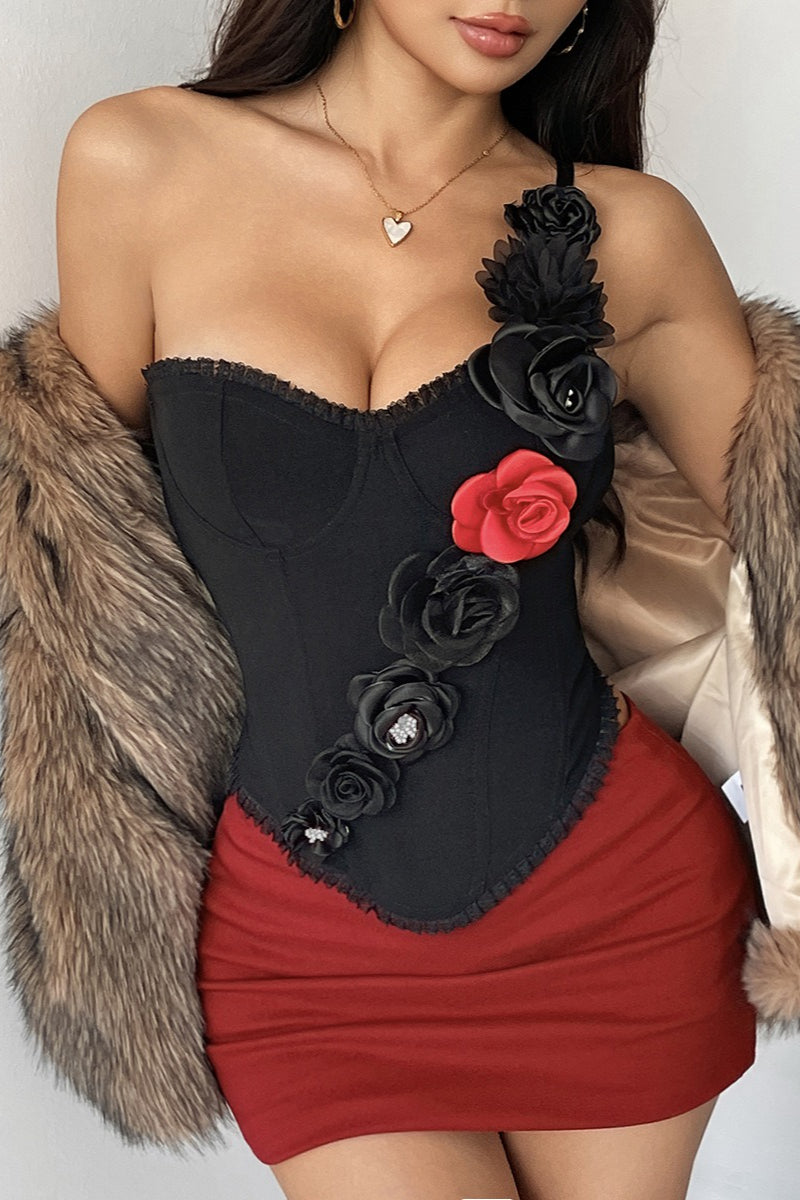 Strapless Red Lace Floral Boned Cami Top image 2