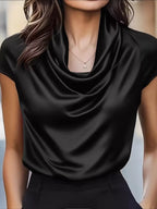 Isadora Satin Blouse detail view styled for Avrienne