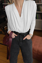 Solid White Ruched V Neck Long Sleeve Tee image 4