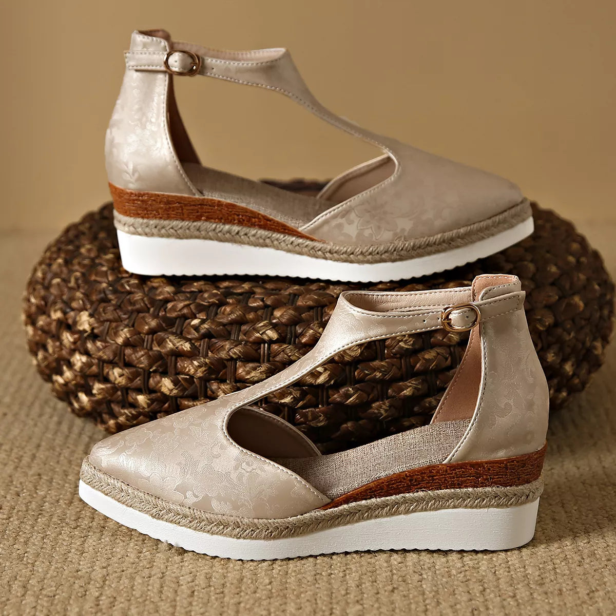 Celine Wedge Sandals detail view styled for Avrienne