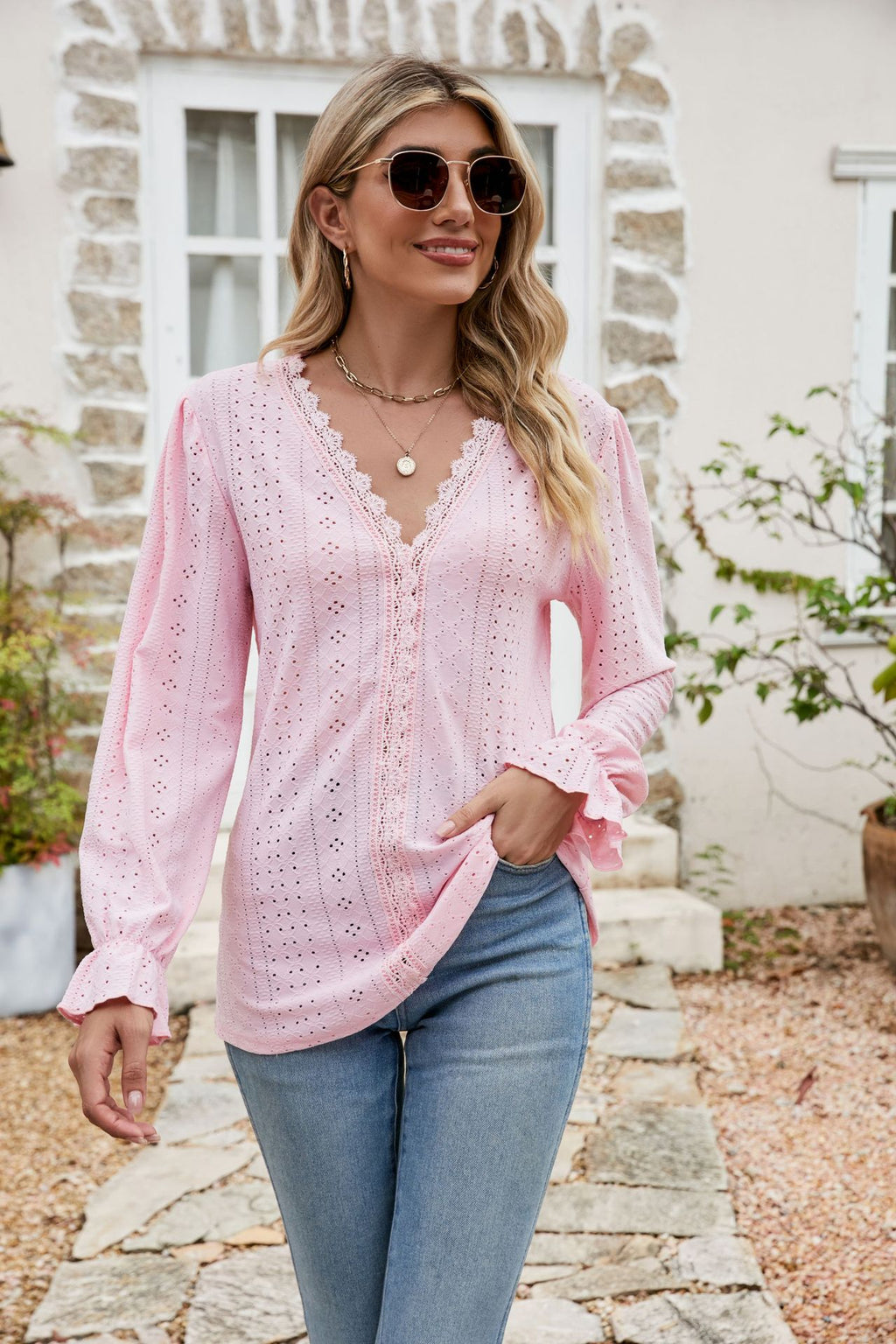 Lisette Eyelet Blouse detail view styled for Avrienne