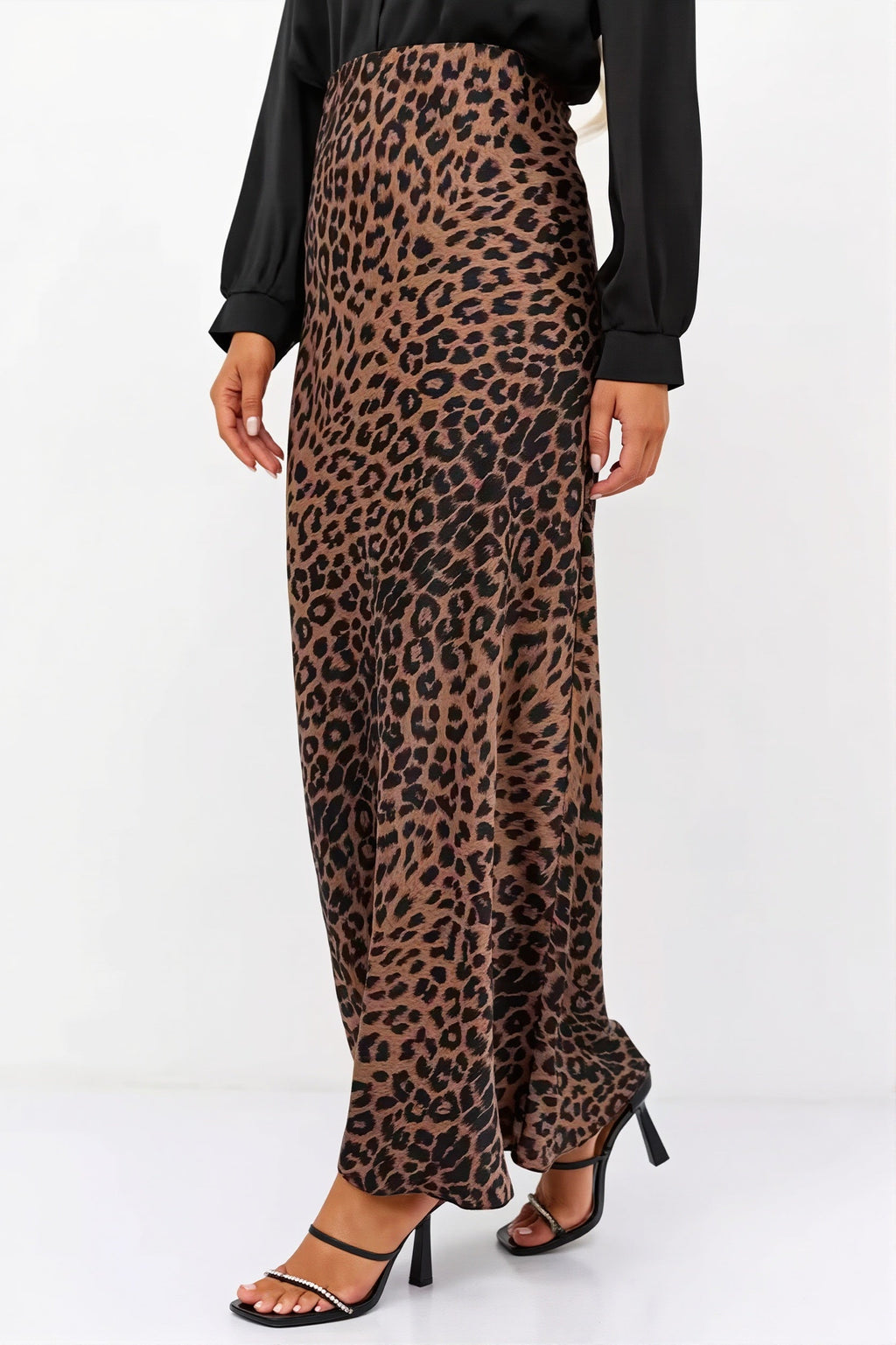 Satin Leopard Printed Elastic Waist Maxi Skirt image 5