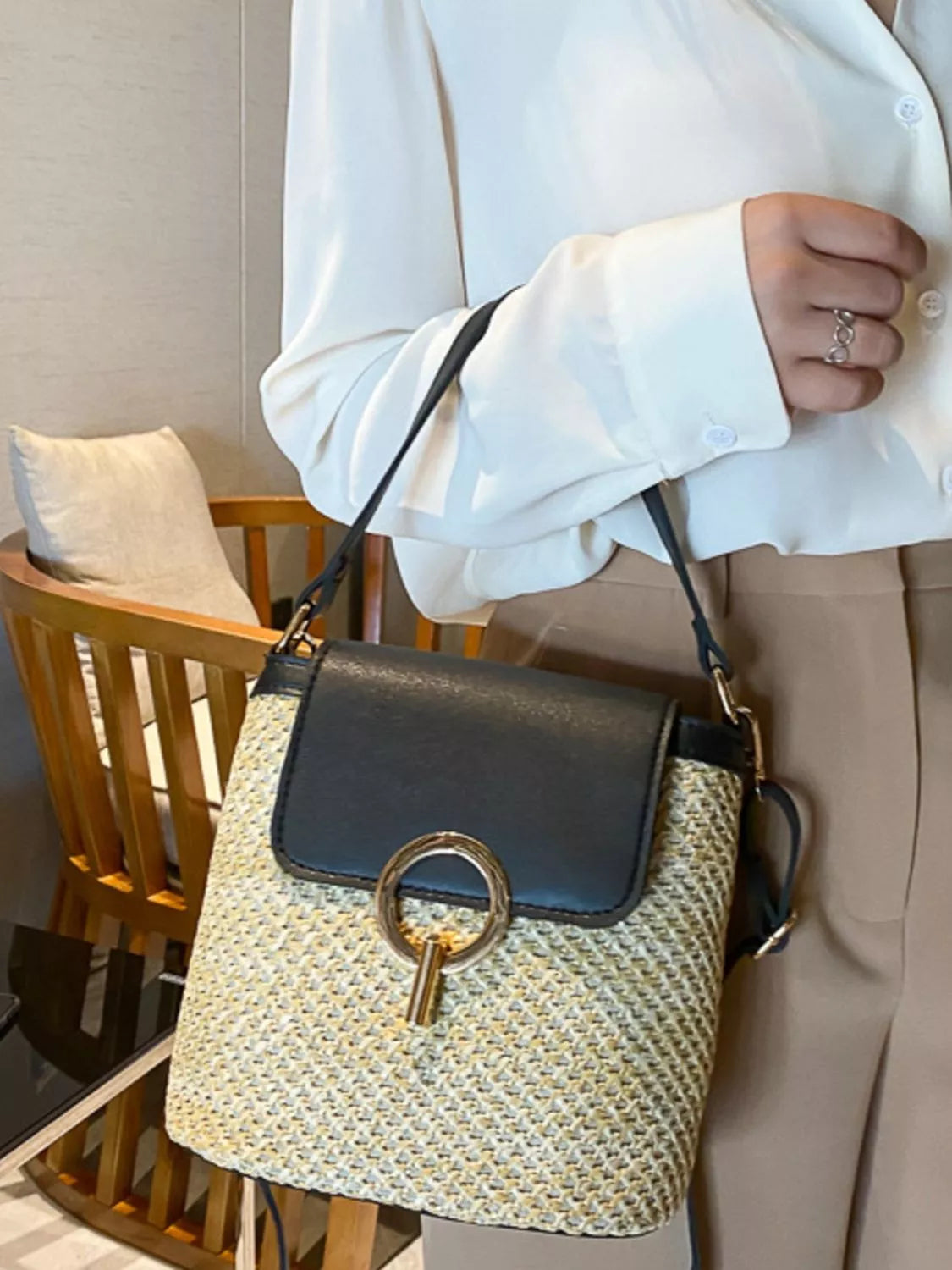 Naomi Straw Crossbody detail view styled for Avrienne