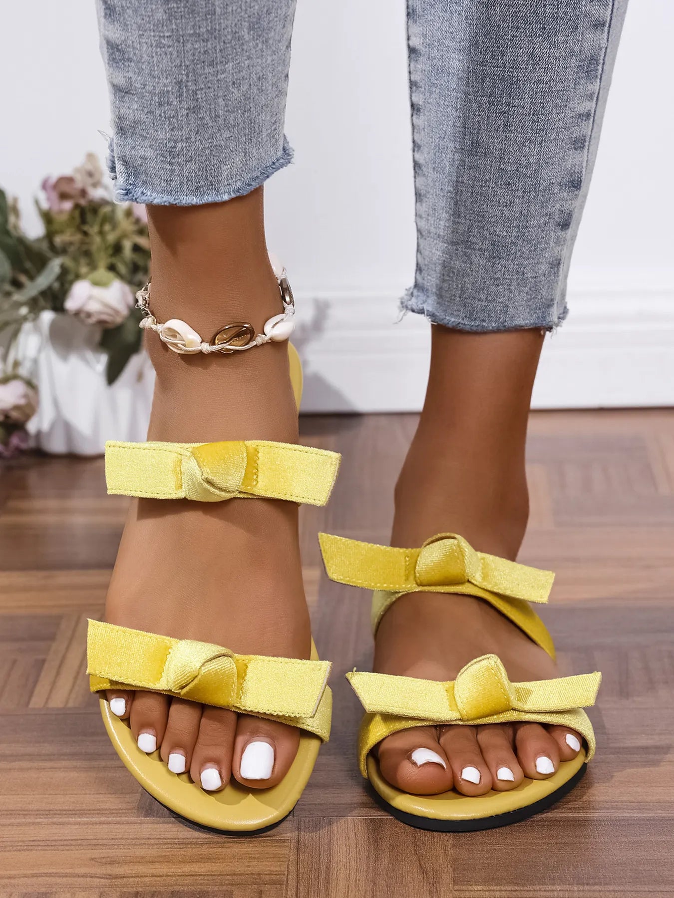 Dahlia Flat Sandals detail view styled for Avrienne