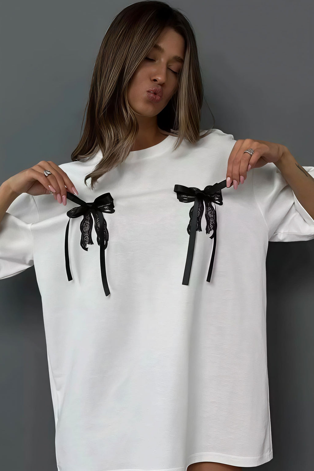 Minimalist Casual 3D Bow Lace Short Sleeve T-shirt image 5