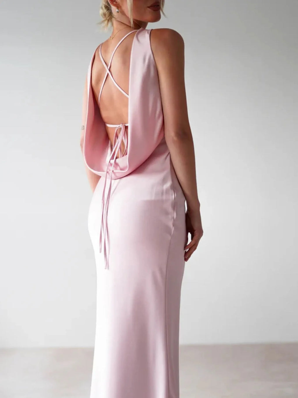 Sylvie Satin Maxi Dress detail view styled for Avrienne