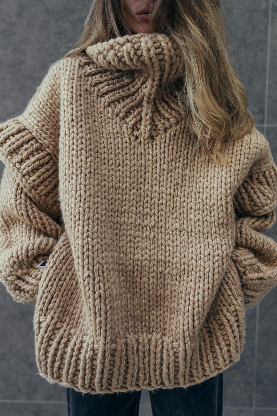 Solid Patchwork Chunky Fluffy Turtleneck Sweater image 16