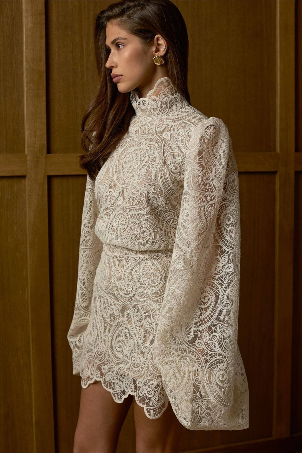 Lantern Sleeve High Collar Lace Skirt Set image 3