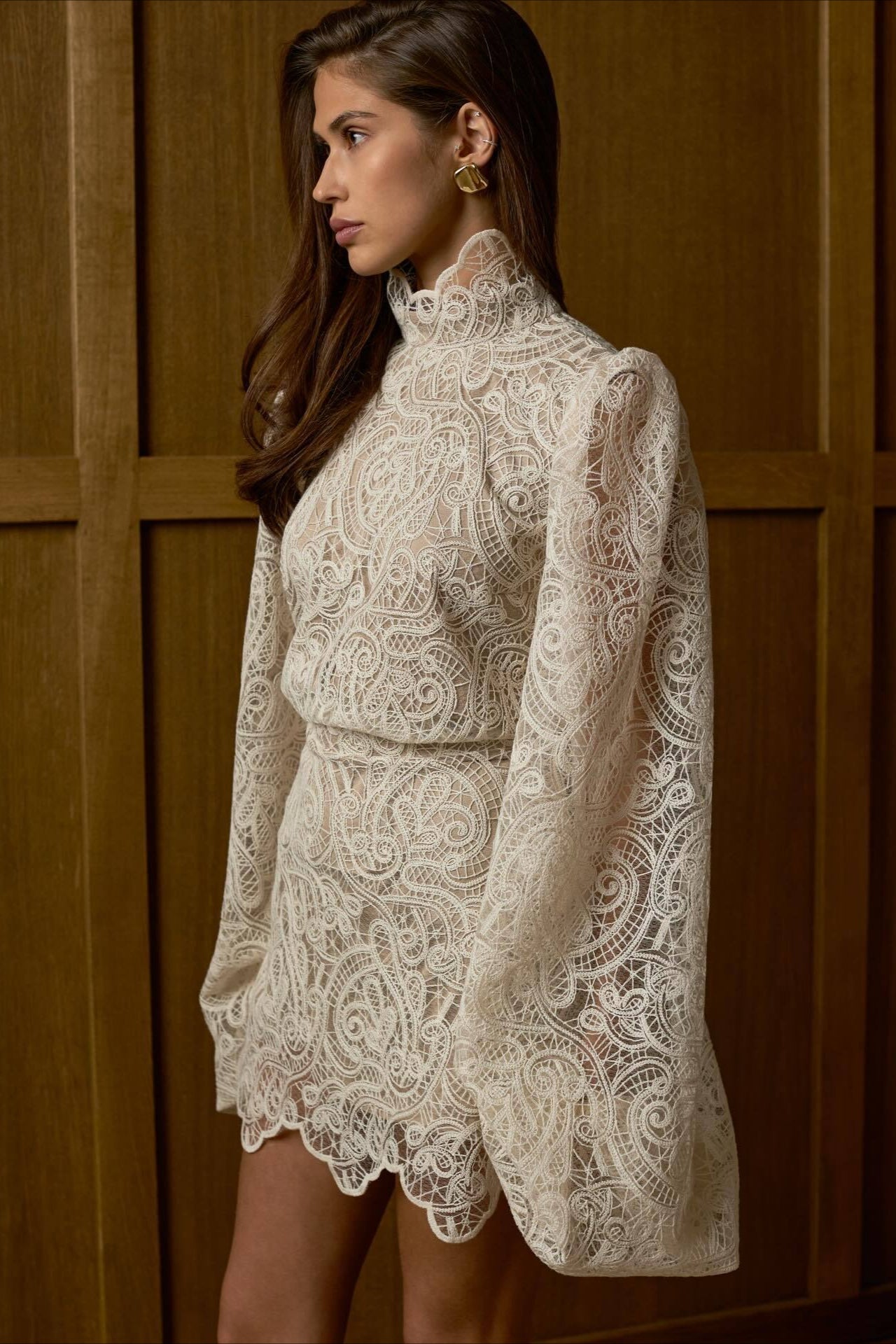Lantern Sleeve High Collar Lace Skirt Set image 3