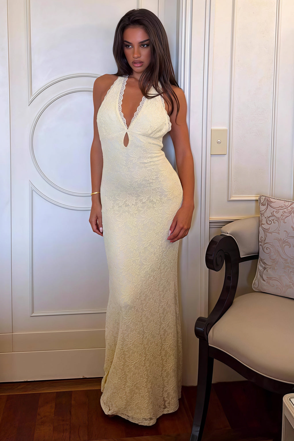 Lace Halter Tie Back Bodycon Maxi Dress image 2